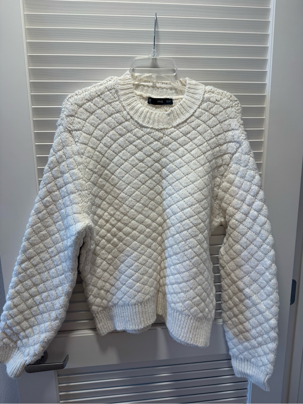 Mango Cream Quilted Cable Knit Crewneck Sweater